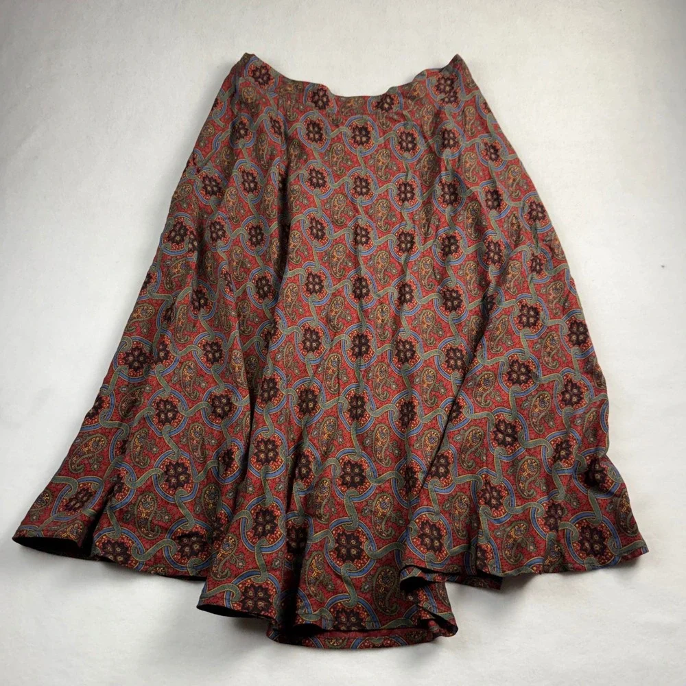 Liz Claiborne Vintage Red Paisley Rayon Midi Skirt Womens 14 A-Line‎ Boho Retro